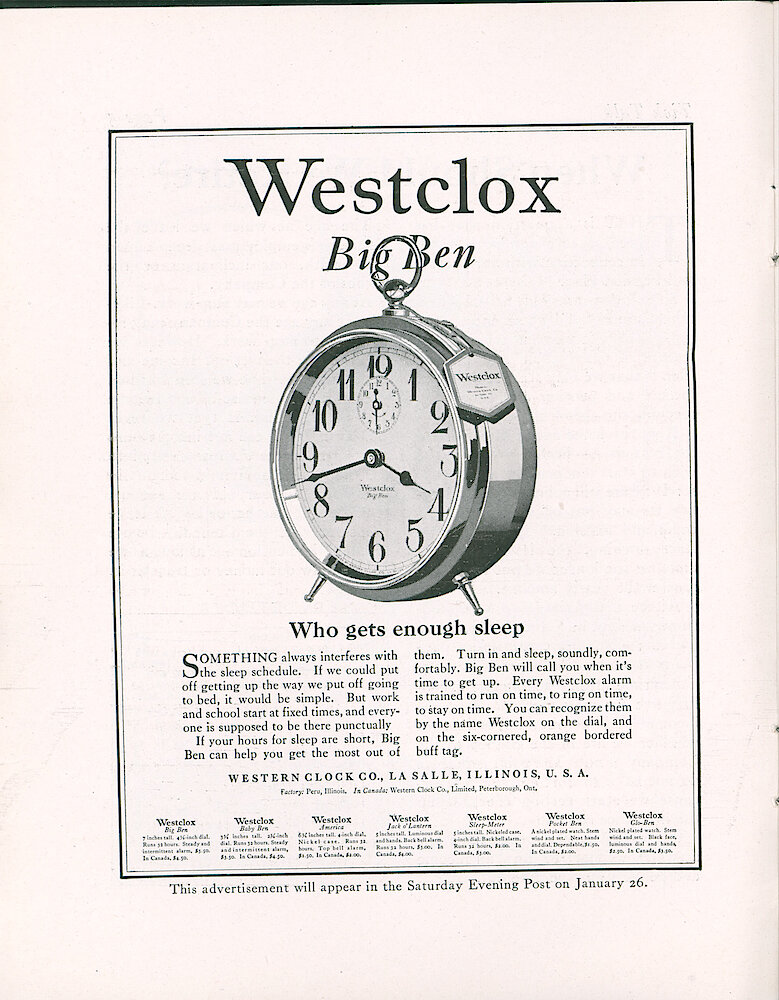 Westclox Tick Talk, January 5, 1924 (Factory Edition), Vol. 9 No. 13 > 6. Advertisement: "Westclox Big Ben" "Who Gets Enough Sleep" For The January 26 Saturday Evening Post.
