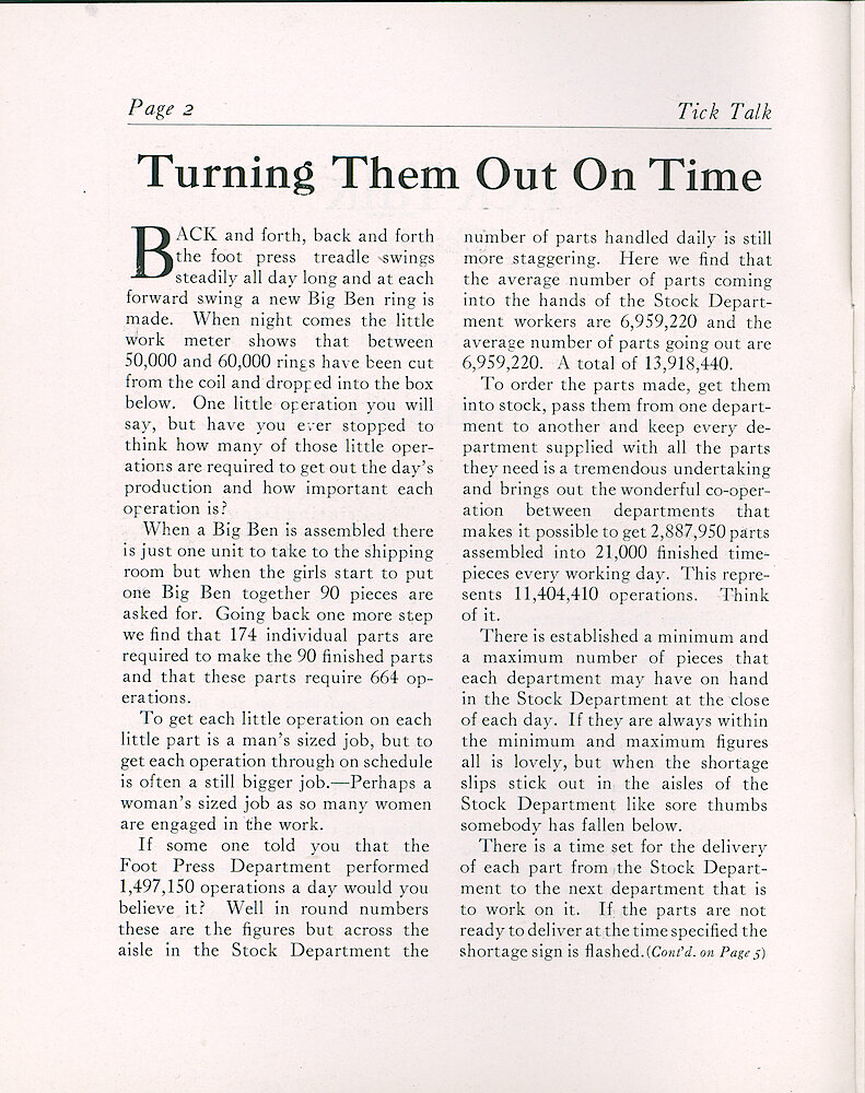 Westclox Tick Talk, February 5, 1924 (Factory Edition), Vol. 9 No. 15 > 2. Manufacturing: "Turning Them Out In Time" Numbers Of Parts Going Into A Big Ben.