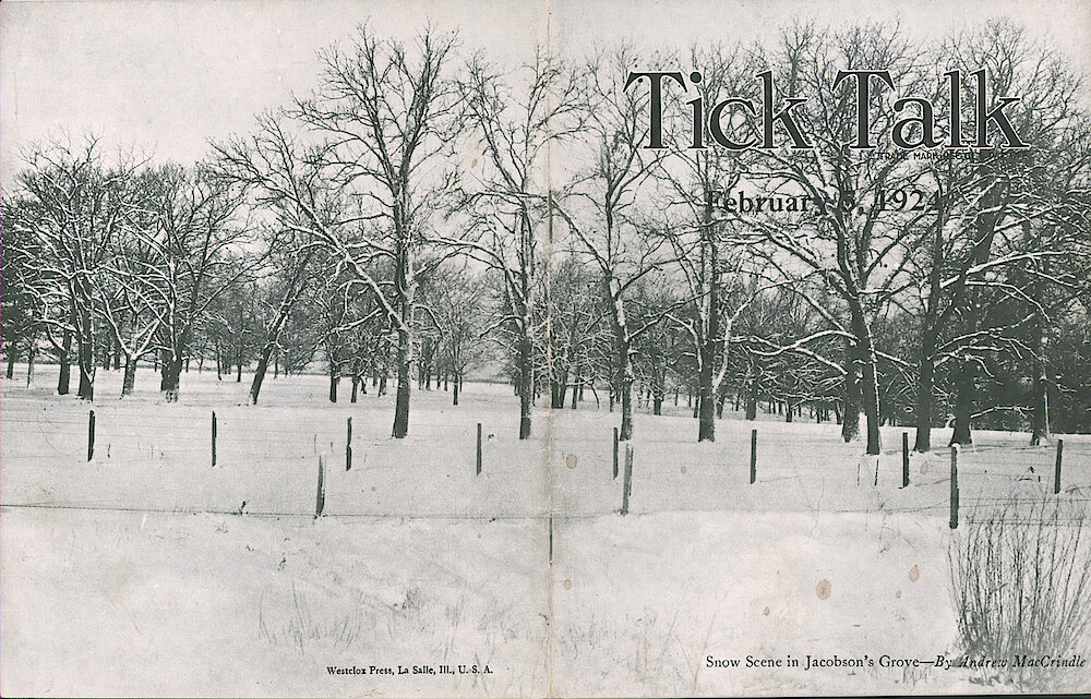 Westclox Tick Talk, February 5, 1924 (Factory Edition), Vol. 9 No. 15 > Cover. Picture: "Snow Scene In Jacobson&039;s Grove" By Andrew MacCrindle