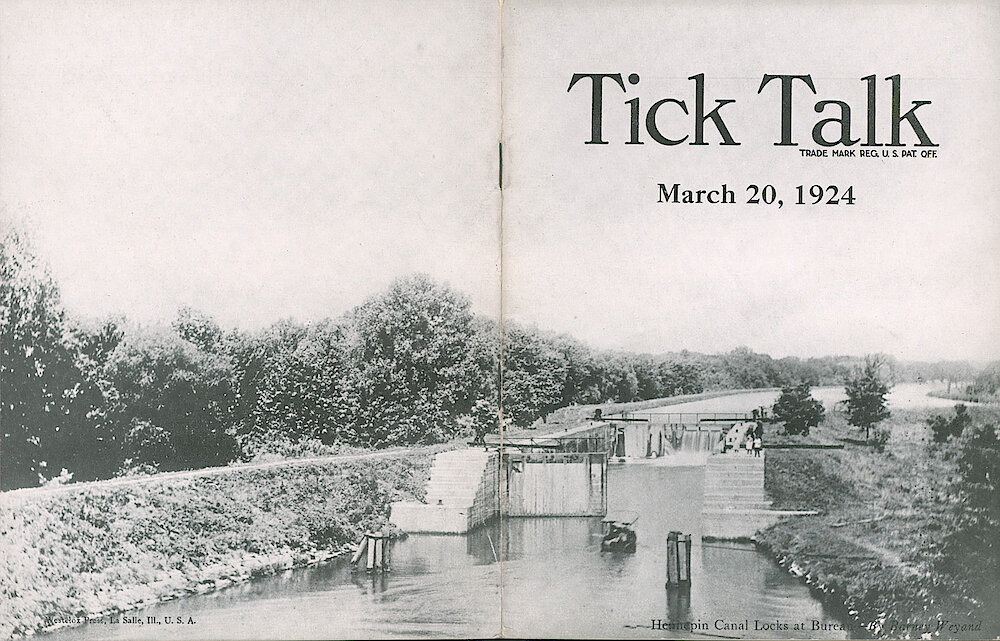 Westclox Tick Talk, March 20, 1924 (Factory Edition), Vol. 9 No. 18 > Cover. Picture: "Hennepin Canal Locks At Bureau" By Barney Weyand