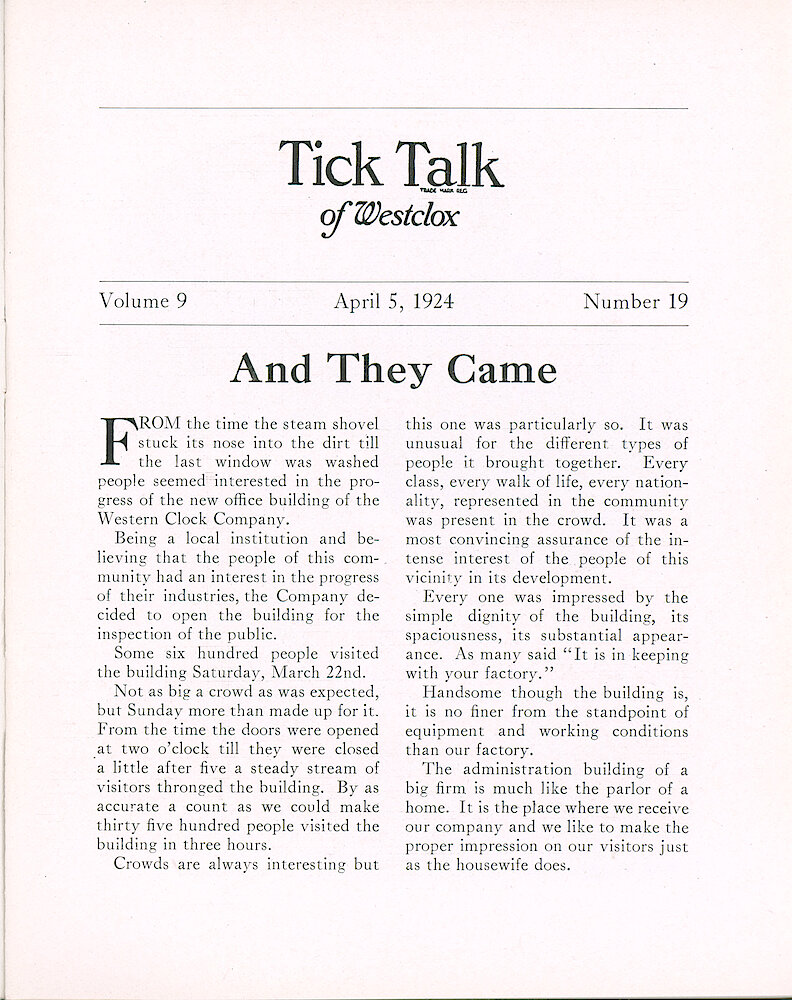 Westclox Tick Talk, April 5, 1924 (Factory Edition), Vol. 9 No. 19 > 1. Factory: "And They Came" The 600 Visitors Saturday And 3500 Sunday.