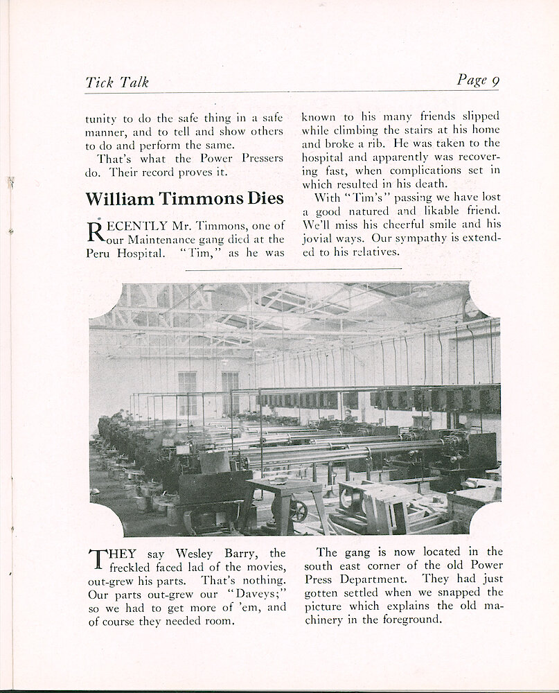 Westclox Tick Talk, May 5, 1924 (Factory Edition),Vol. 9 No. 21 > 9. Factory: Power Press Department Picture: "Davies" (Davenport Machines)