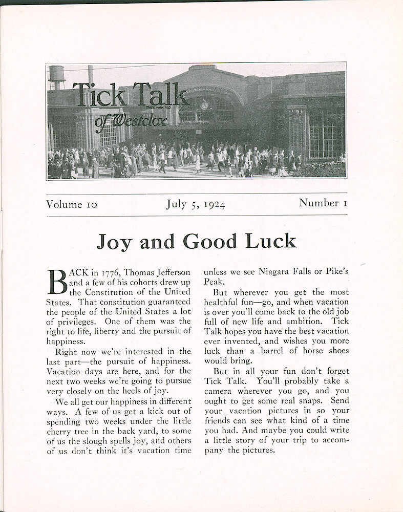 Westclox Tick Talk, July 5, 1924 (Factory Edition), Vol. 10 No. 1 > 1