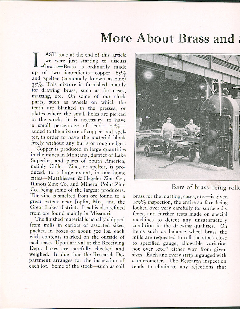 Westclox Tick Talk, July 5, 1924 (Factory Edition), Vol. 10 No. 1 > 12. Manufacturing: "More About Brass And Steel" By C. H. Mauritzen. Brass Ingredients And Purchasing.