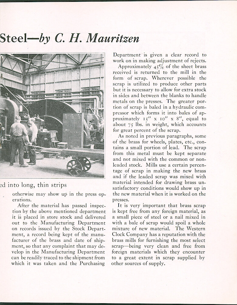 Westclox Tick Talk, July 5, 1924 (Factory Edition), Vol. 10 No. 1 > 13. Manufacturing: "More About Brass And Steel" By C. H. Mauritzen. Dealing With Scrap - Must Be Kept Clean.