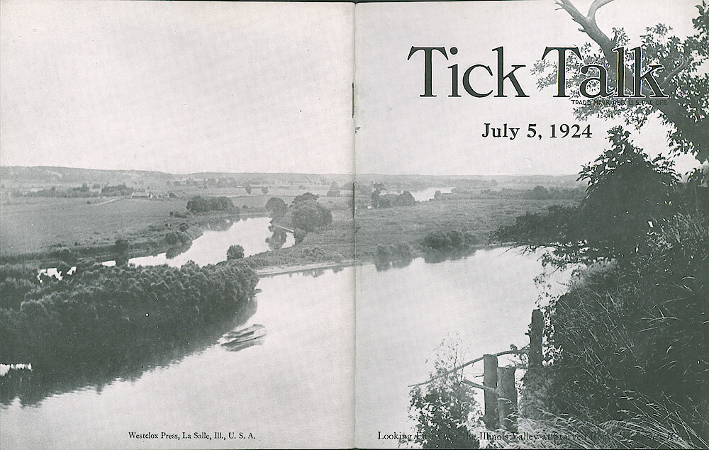 Westclox Tick Talk, July 5, 1924 (Factory Edition), Vol. 10 No. 1 > Cover. Picture: "Looking East Over The Illinois Valley By Starved Rock"—by Barney Weyand