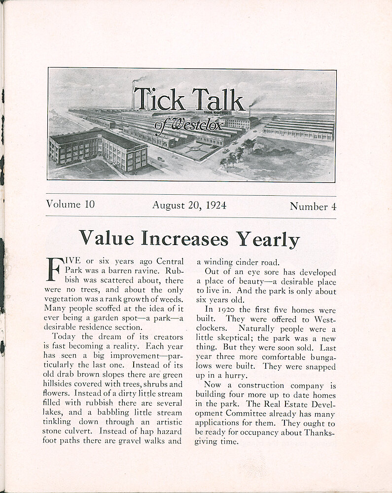 Westclox Tick Talk, August 20, 1924 (Factory Edition), Vol. 19 No. 4 > 1. Article: "Value Increases Yearly" About The Homes In Central Park