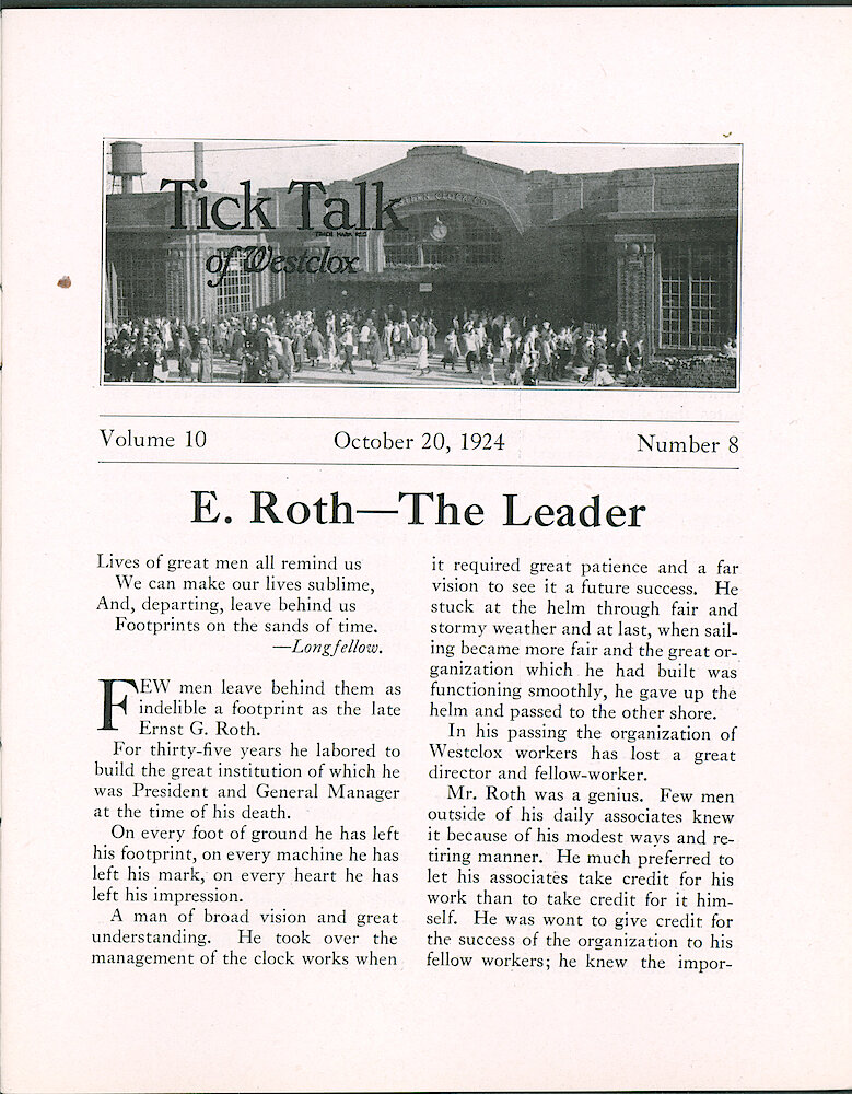 Westclox Tick Talk, October 20, 1924 (Factory Edition), Vol. 10 No. 8 > 1. Personnel: Ernst G. Roth