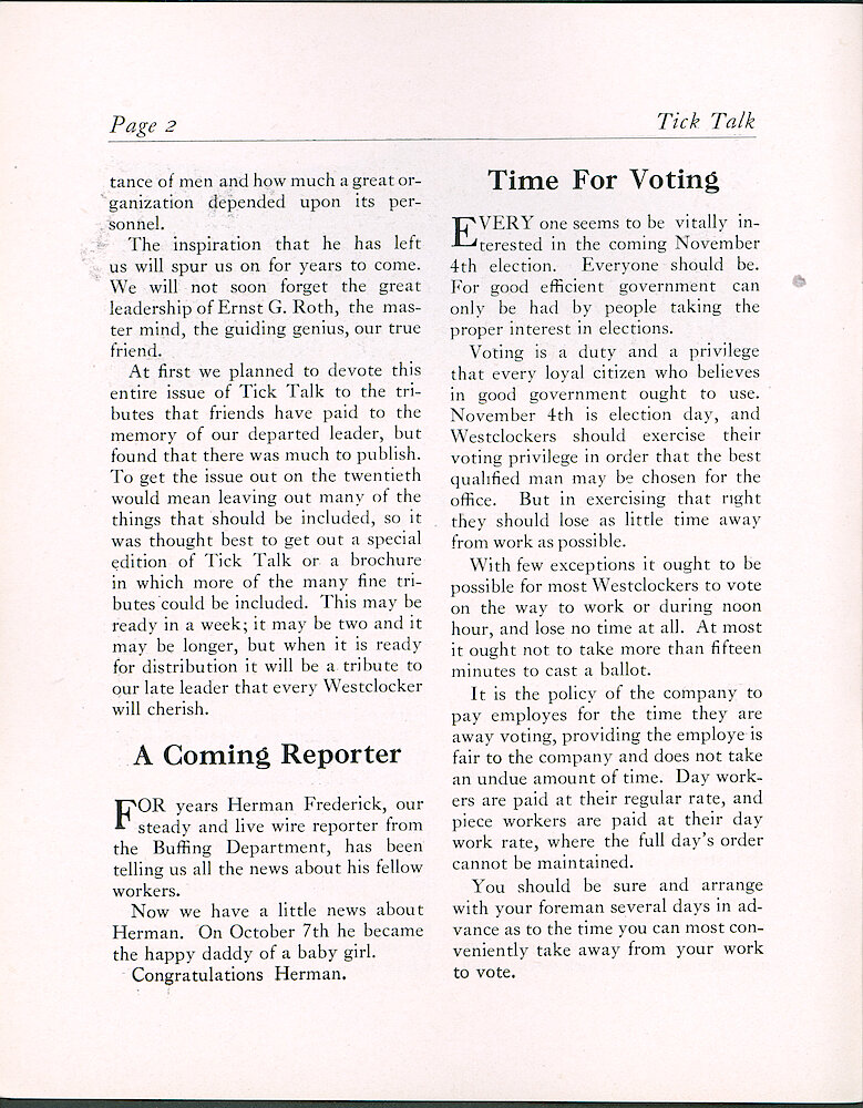 Westclox Tick Talk, October 20, 1924 (Factory Edition), Vol. 10 No. 8 > 2. Personnel: Ernst G. Roth