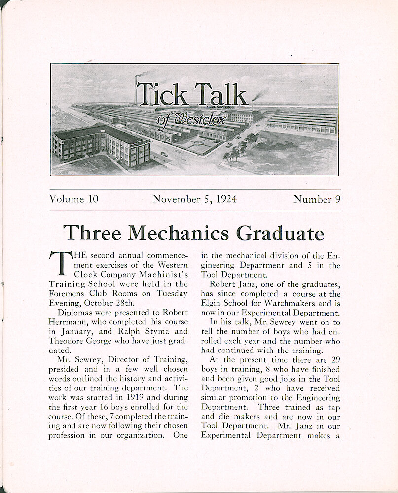 Westclox Tick Talk, November 5, 1924 (Factory Edition), Vol. 10 No. 9 > 1