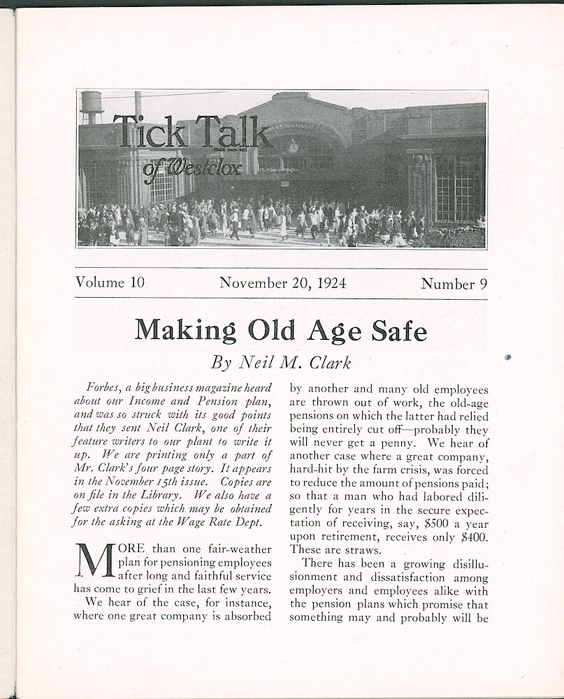 Westclox Tick Talk, November 20, 1924 (Factory Edition), Vol. 10 No. 9 > 1