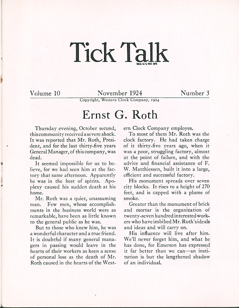 Westclox Tick Talk, November 1924 (Jewelers Edition), Vol. 10 No. 3 > 1. Personnel: Ernst G. Roth, President Passed Away