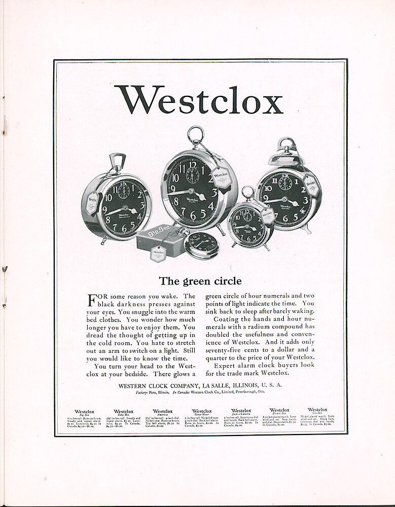 Westclox Tick Talk, November 1924 (Jewelers Edition), Vol. 10 No. 3 > 5. Advertisement: "The Green Circle" Luminous Clocks Big Ben, Baby Ben, Jack O&039;Lantern, Black Bird, Glo-Ben.