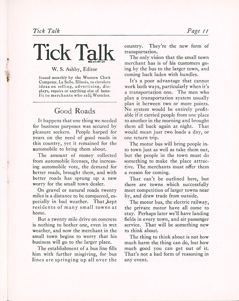 Westclox Tick Talk, November 1924 (Jewelers Edition), Vol. 10 No. 3 > 11. Showing The Magazine Masthead. W. S. Ashby, Editor.