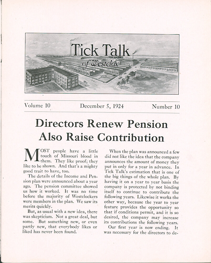 Westclox Tick Talk, December 5, 1924 (Factory Edition), Vol. 10 No. 10 > 1