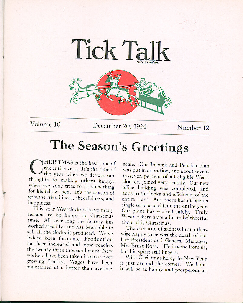 Westclox Tick Talk, December 20, 1924 (Factory Edition), Vol. 10 No. 12 > 1