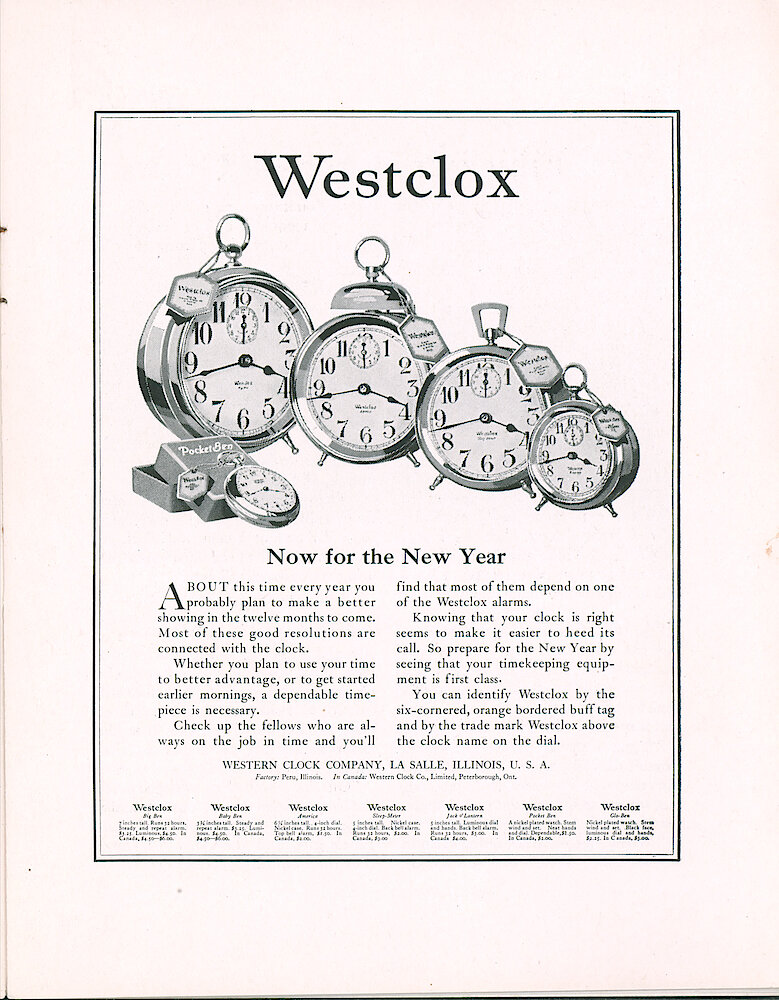 Westclox Tick Talk, December 1924 (Jewelers Edition), Vol. 10 No. 4 > 5. Advertisement: "Now For The New Year" Big Ben, Baby Ben, America, Sleep-Meter, Pocket Ben.