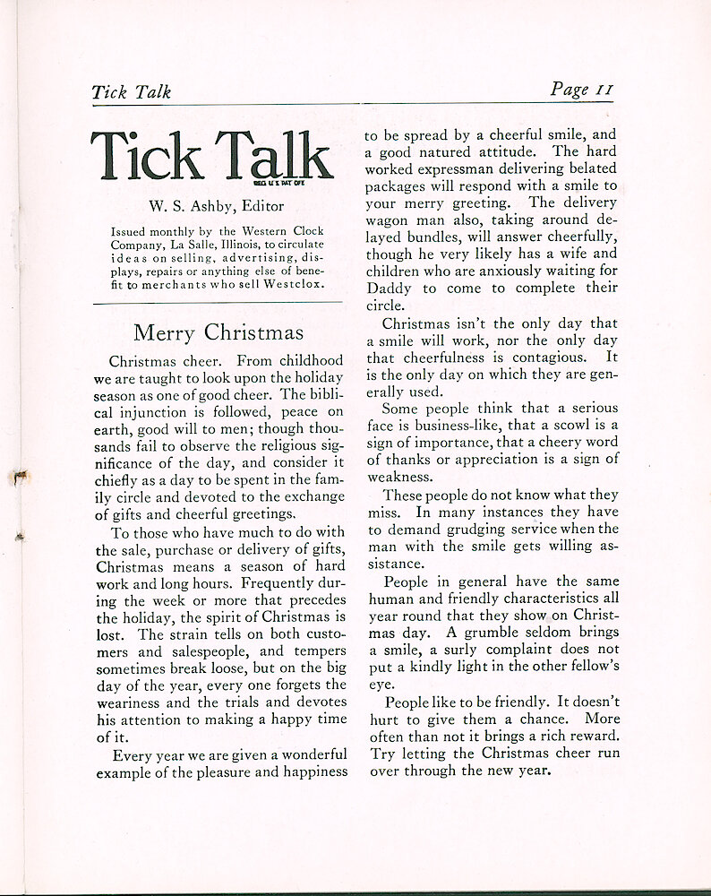 Westclox Tick Talk, December 1924 (Jewelers Edition), Vol. 10 No. 4 > 11. Magazine Masthead