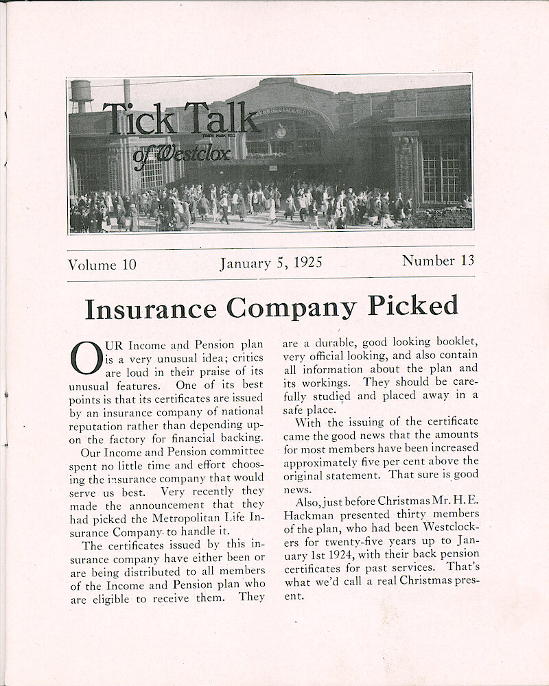 Westclox Tick Talk, January 5, 1925 (Factory Edition), Vol. 10 No. 13 > 1