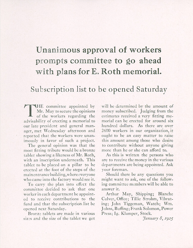 Westclox Tick Talk, January 8, 1925, Roth Memorial Subscription. Presonnel: "Roth Memorial Subscription: Subscription List To Be Opened Saturday"