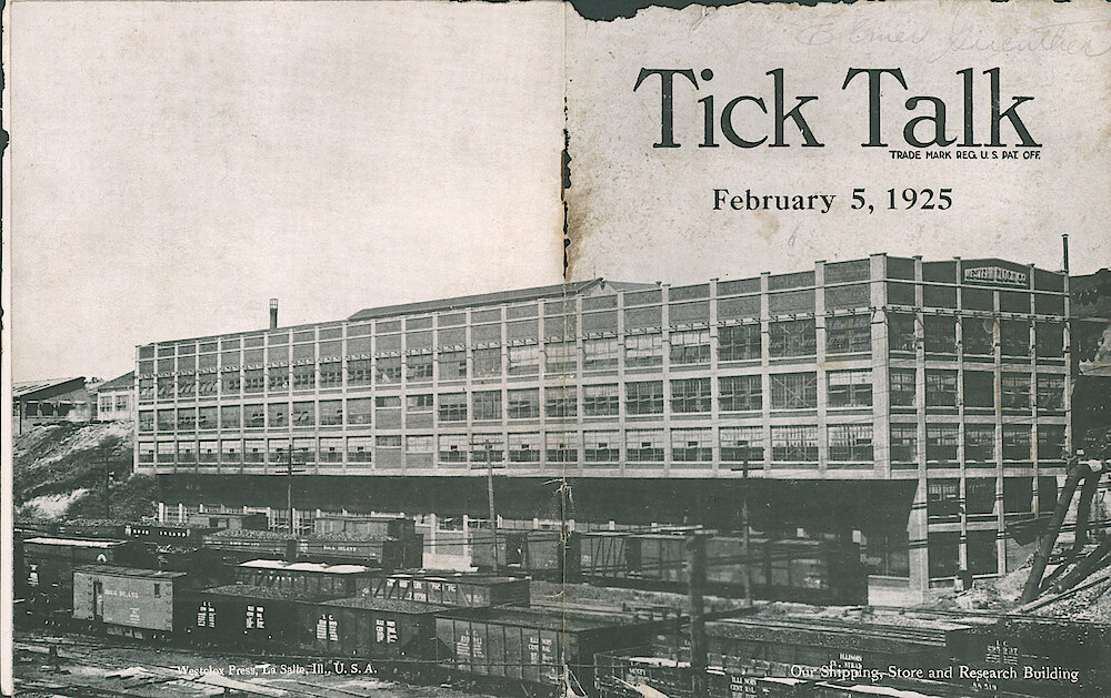 Westclox Tick Talk, February 5, 1925 (Factory Edition), Vol. 10 No. 15 > Cover. Factory: "Our Shipping, Store And Research Building" The New Five Story Building.