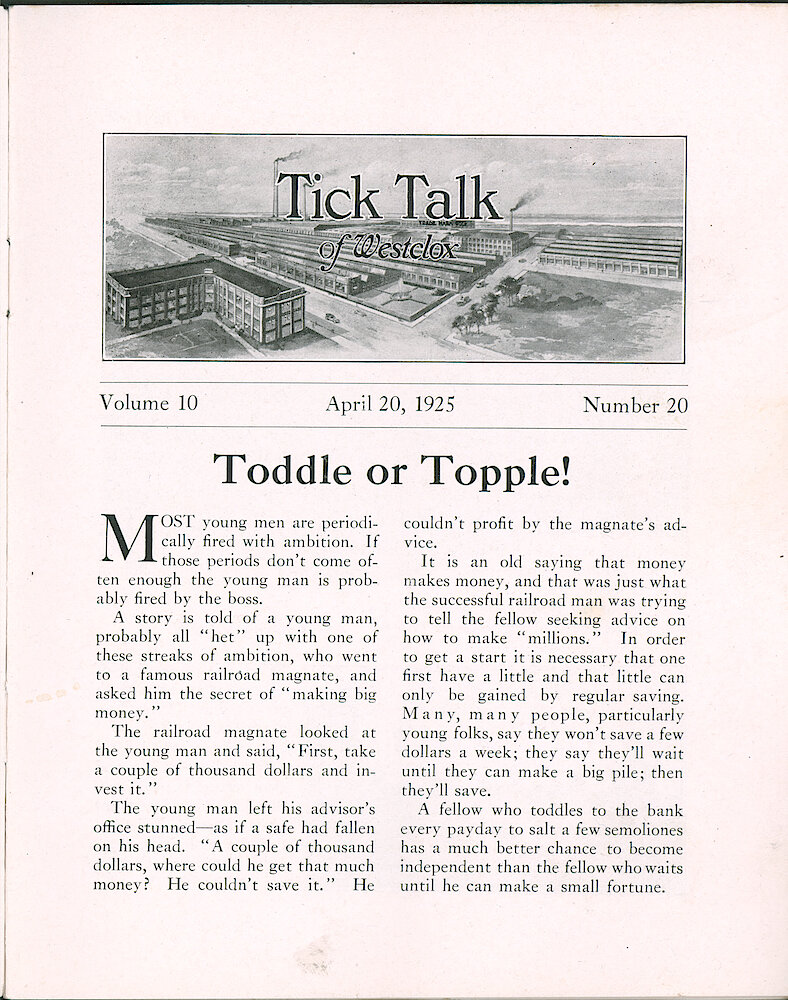 Westclox Tick Talk, April 20, 1925 (Factory Edition), Vol. 10 No. 20 > 1