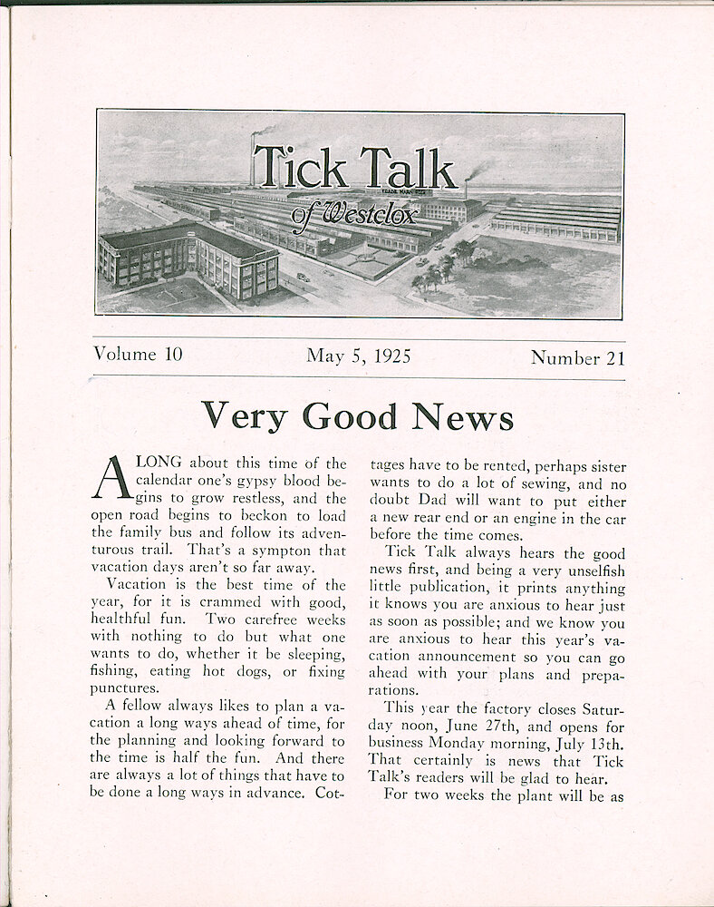 Westclox Tick Talk, May 5, 1925 (Factory Edition), Vol 10 No. 21 > 1