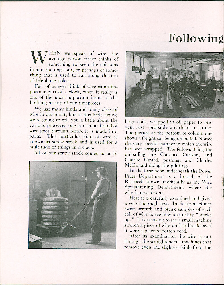 Westclox Tick Talk, May 5, 1925 (Factory Edition), Vol 10 No. 21 > 12. Manufacturing: "Following Through" About Wire And Its Uses In Westclox Manufacturing.