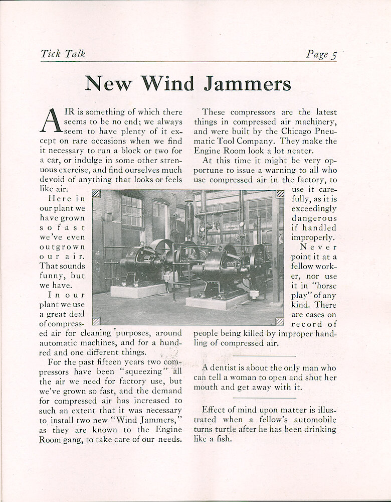 Westclox Tick Talk, May 20, 1925 (Factory Edition), Vol. 20 No. 22 > 5. Factory: "New Wind Jammers" New Air Compressors At The Factory.