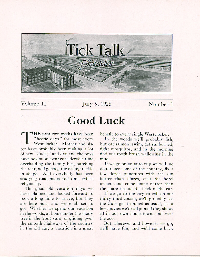 Westclox Tick Talk, July 5, 1925 (Factory Edition), Vol. 11 No. 1 > 1