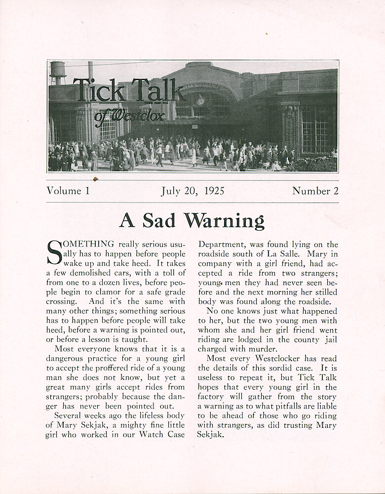 Westclox Tick Talk, July 20, 1925 (Factory Edition), Vol. 11 No. 2 > 1