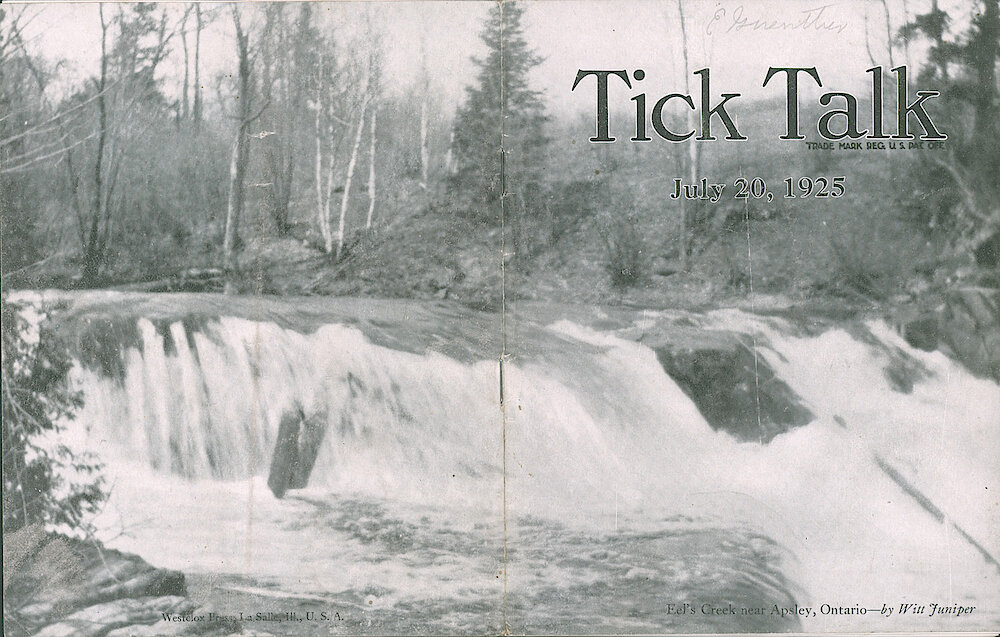 Westclox Tick Talk, July 20, 1925 (Factory Edition), Vol. 11 No. 2 > Cover. Picture: "Eel&039;s Creek Near Apsley, Ontario" By Witt Juniper