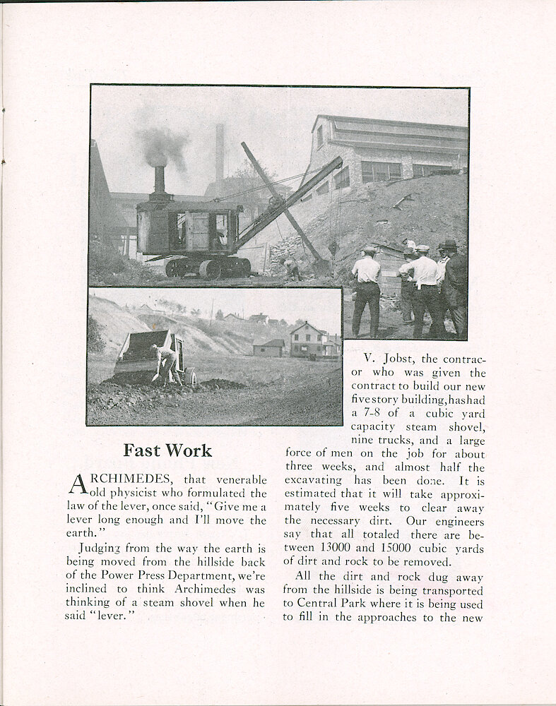 Westclox Tick Talk, October 5, 1925 (Factory Edition), Vol. 11 No. 7 > 3. Factory: "Fast Work" Excavating For The New Five Story Building.