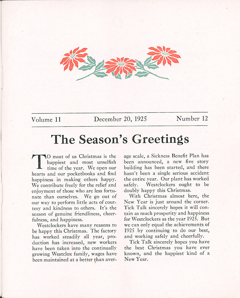 Westclox Tick Talk, December 20, 1925 (Factory Edition), Vol. 11 No. 12 > 1