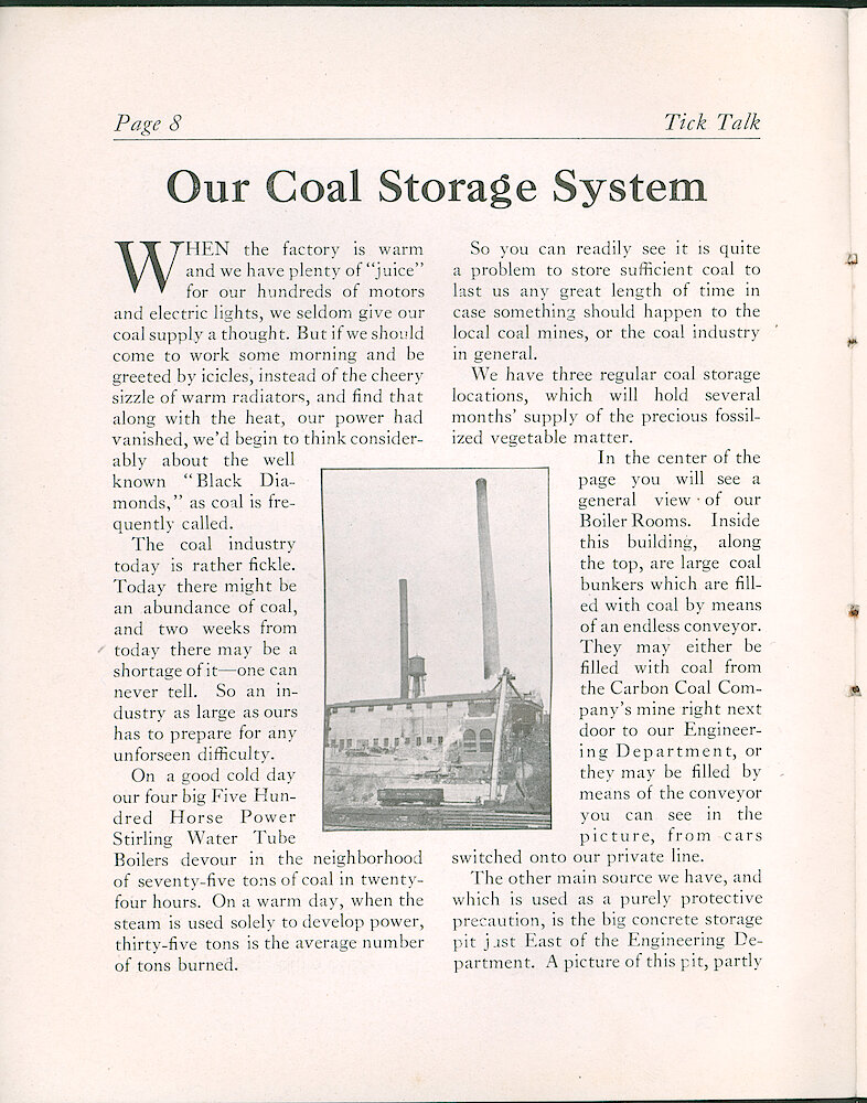 Westclox Tick Talk, February 5, 1926 (Factory Edition), Vol. 11 No. 15 > 8. Factory: "Our Coal Storage System" Can Hold Several Months Supply.