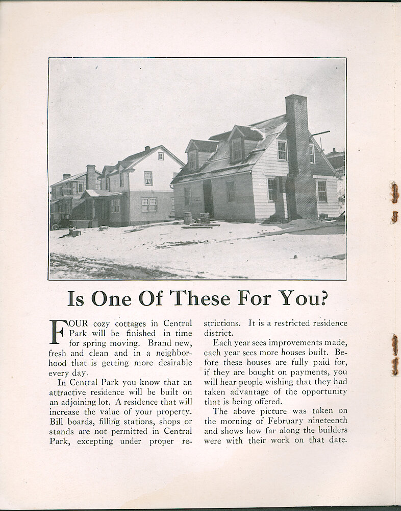 Westclox Tick Talk, March 5, 1926 (Factory Edition), Vol. 11 No. 17 > 12. Article: "Is One Of These For You" Four Cottages In Central Park Will Be Finished In Time For Spring Moving.