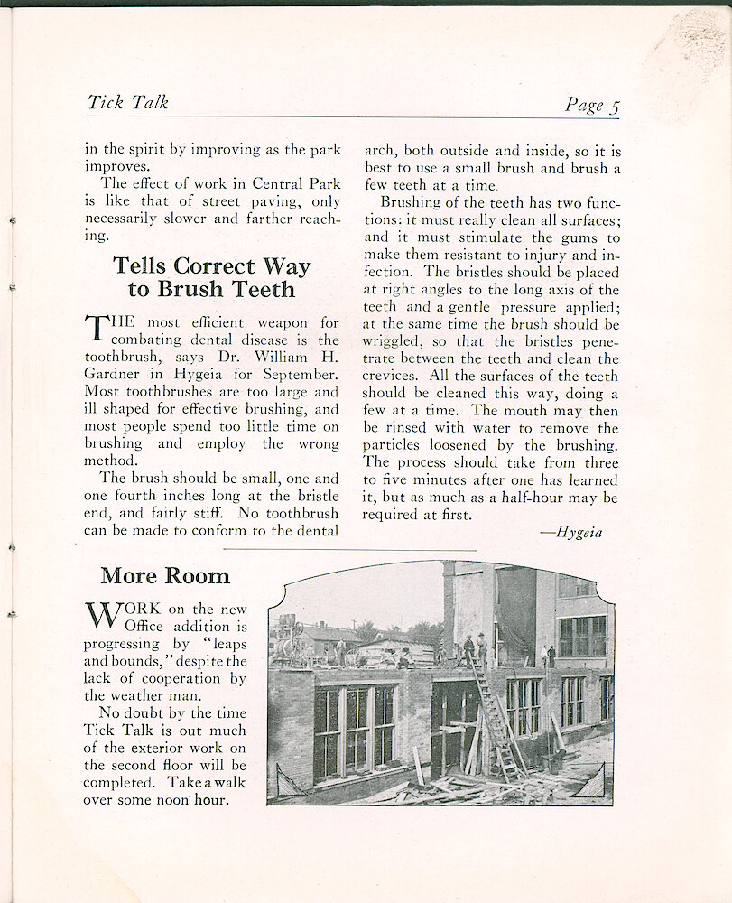 Westclox Tick Talk, October 5, 1926 (Factory Edition), Vol. 12 No. 7 > 5. Factory: "More Room" Work On The New Office Addition.