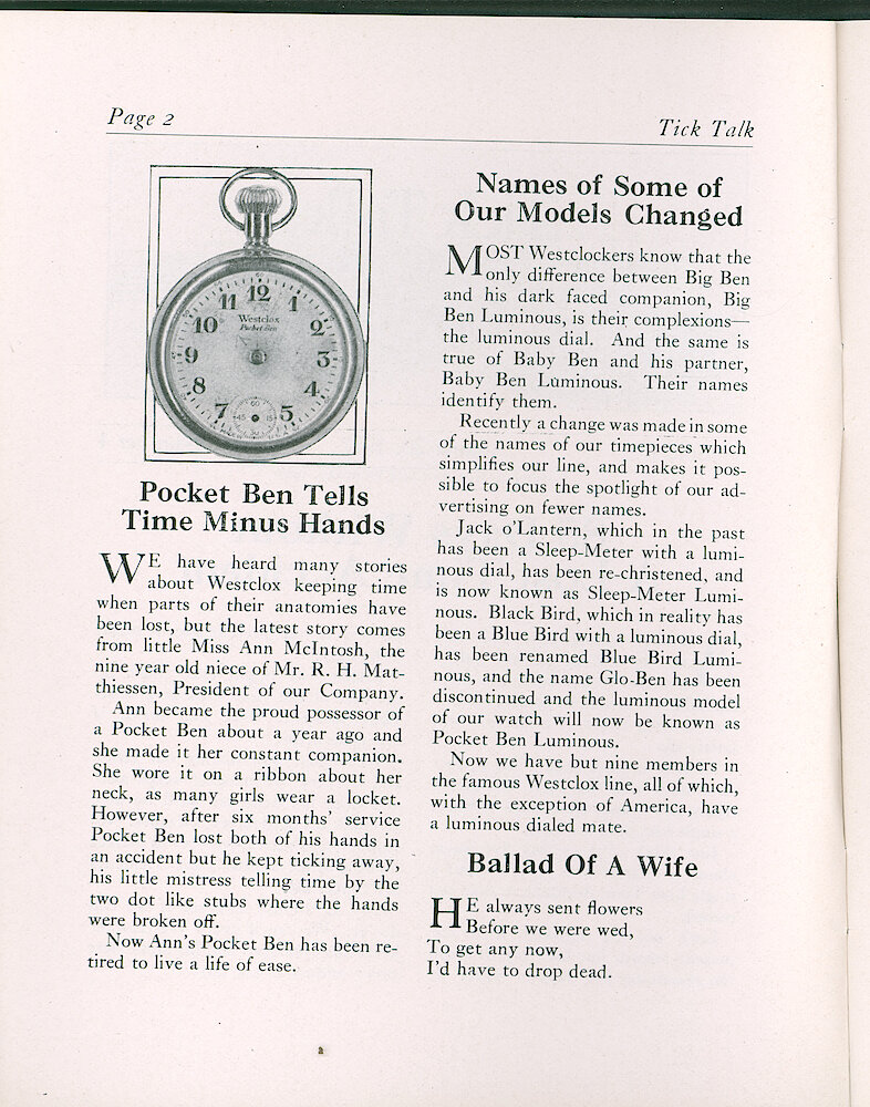 Westclox Tick Talk, August 20, 1927 (Factory Edition), Vol. 13 No. 4 > 2. Model Changes: Model Name Changes: Jack O&039;Lantern Becomes Sleep-Meter Luminous; Black Bird Becomes Blue Bird Luminous; And Glo-Ben Becomes Pocket Ben Luminous.