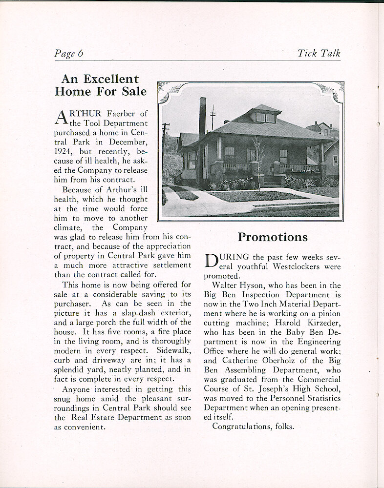 Westclox Tick Talk, November 20, 1927 (Factory Edition), Vol. 13 No. 10 > 6. Article: "An Excellent Home For Sale" A Home In Central Park Is Available.