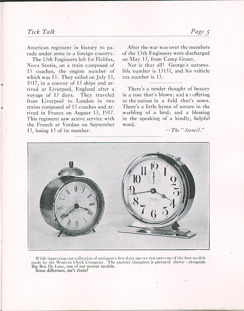 Westclox Tick Talk, January 20, 1928 (Factory Edition), Vol. 13 No. 14 > 5. Historical Picture: Early Westclox 4 Inch Alarm Clock. Dial Says: PRESENTED BY G.WILLIAM SCHLICHTEN, La Salle, Ill. (a Local Merchant). Also Shown Is A Style 2 Big Ben.