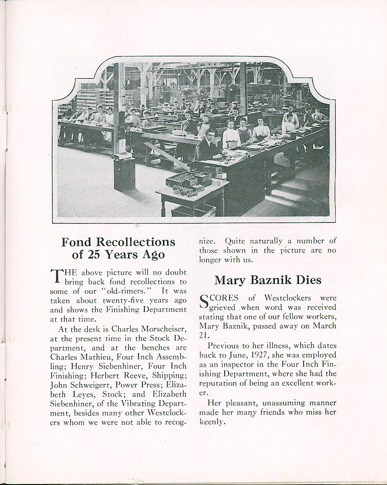 Westclox Tick Talk, April 5, 1928 (Factory Edition), Vol. 13 No. 19 > 3. Historical Picture: "Fond Recollections Of 25 Years Ago" Finishing Department, Charles Morscheiser And Others Named.