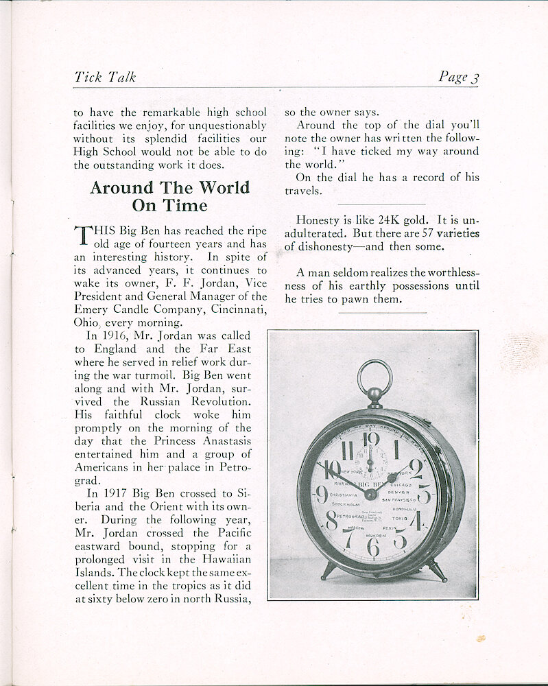 Westclox Tick Talk, April 20, 1928 (Factory Edition), Vol. 13 No. 20 > 3. Historical Article: "Around The World On Time" A Big Ben Bought In 1914 And Its Travels Around The World.