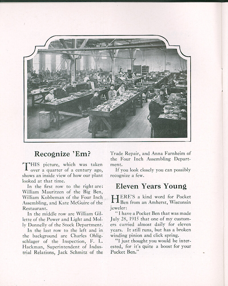 Westclox Tick Talk, May 5, 1928 (Factory Edition), Vol. 13 No. 21 > 4. Historical Picture: Taken Over A Quarter Century Ago (1903 Or Earlier). Names 9 Of The Workers.