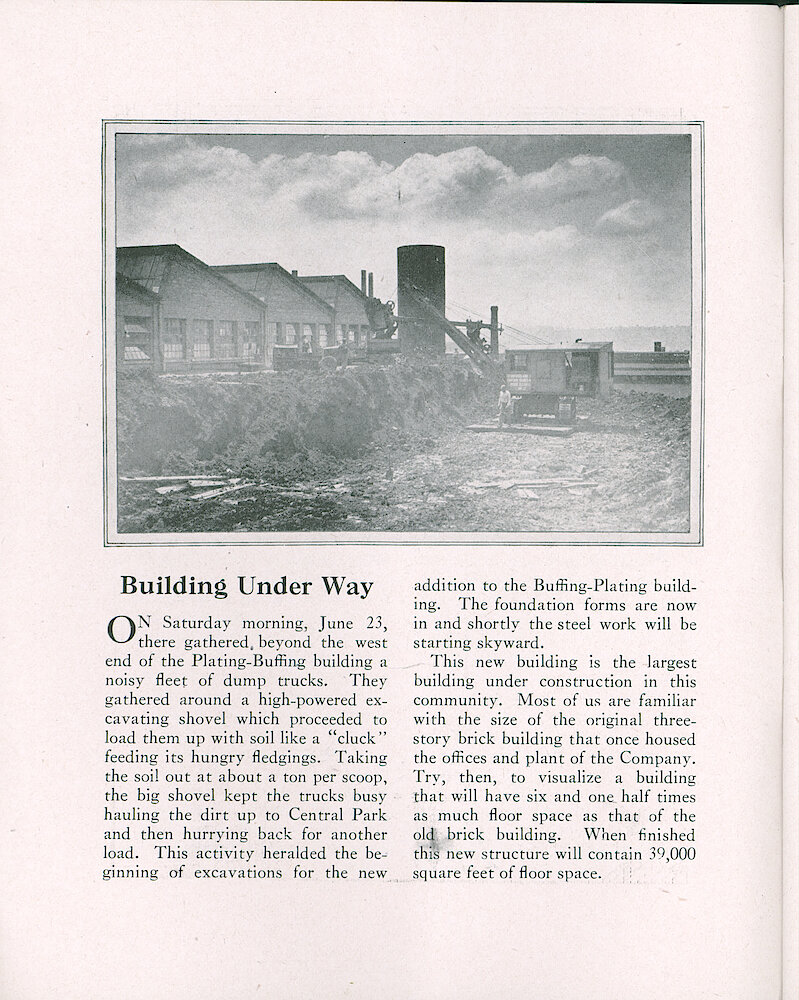 Westclox Tick Talk, July 20, 1928 (Factory Edition), Vol. 14 No. 2 > 2. Factory: "Building Under Way" 39,000 Square Foot Addition To The Buffing-plating Building Foundation Work.