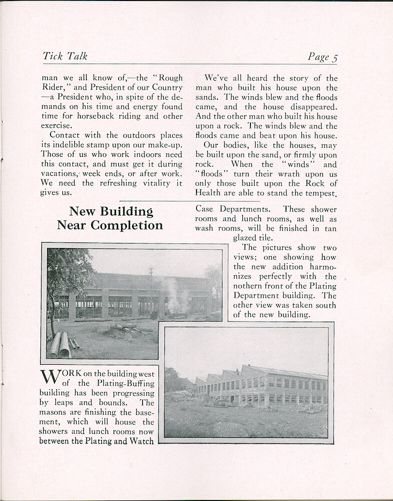 Westclox Tick Talk, October 5, 1928 (Factory Edition), Vol. 14 No. 7 > 5. Factory: "New Building Near Completion" New Building West Of The Plating-Buffing Building.