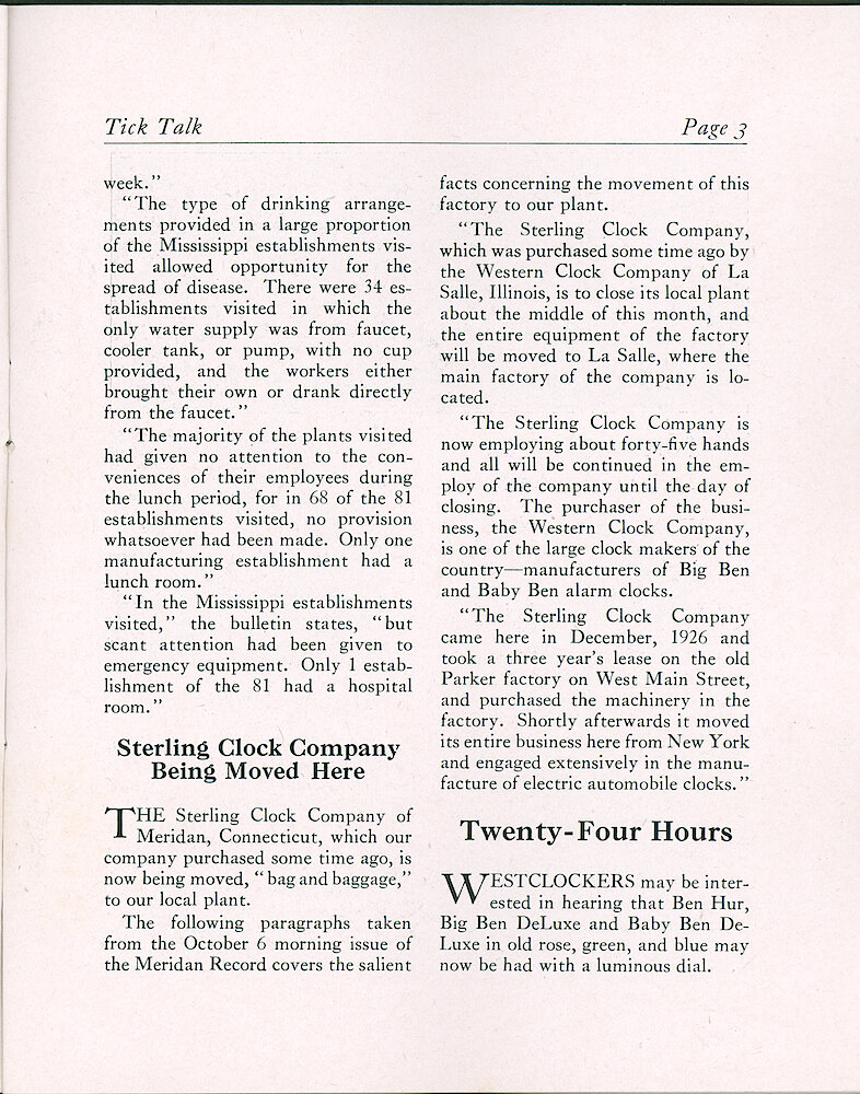 Westclox Tick Talk, October 20, 1928 (Factory Edition), Vol. 14 No. 8 > 3. Corporate: Sterling Clock Company Being Moved Here" New Model: Ben Her, Big Ben DeLuxe And Baby Ben DeLuxe In Old Rose, Green And Blue May Now Be Had With A Luminous Dial.