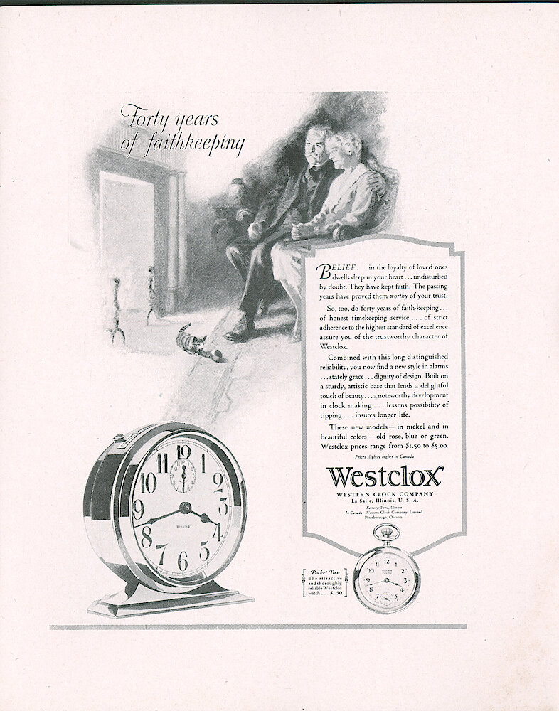 Westclox Tick Talk, January 5, 1929 (Factory Edition), Vol. 14 No. 13 > 5. Advertisement: "Forty Years Of Faithkeeping" Shows Big Ben Style 2, Nickel, And Pocket Ben. Caption/Article On Page 4.