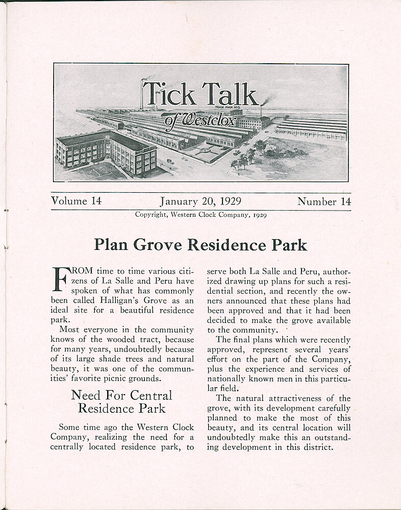 Westclox Tick Talk, January 20, 1929 (Factory Edition), Vol. 14 No. 14 > 1. Article: "Plan Grove Residence Park" Halligan&039;s Grove Will Become A Centrally Located Residence Park.