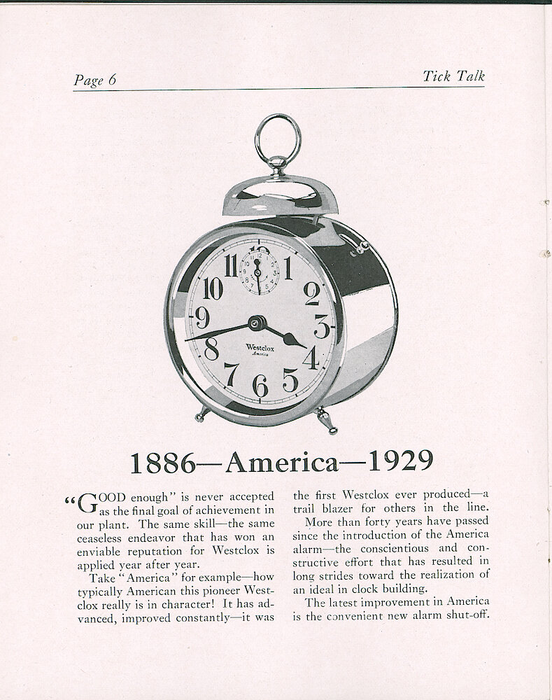 Westclox Tick Talk, February 20, 1929 (Factory Edition), Vol. 14 No. 16 > 6. New Model: America Now Has Convenient Alarm Shutoff (on The Side Of The Case). Note: America Was NOT The First Clock Made By Westclox, La Salle And Some Others Came First.