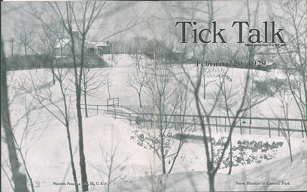 Westclox Tick Talk, February 20, 1929 (Factory Edition), Vol. 14 No. 16 > Cover. Picture: "Snow Blanket In Central Park"